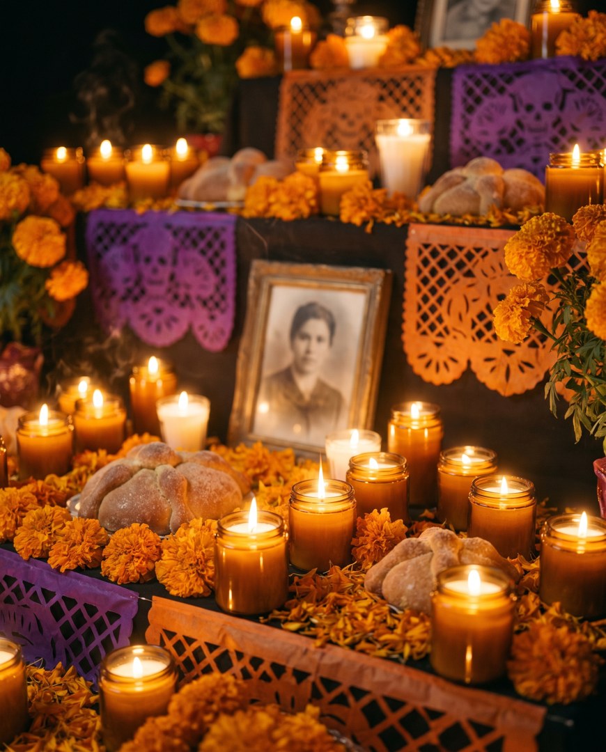 Altar de muertos con velas de soya Casa Rubí, cempasúchil, pan de muerto y papel picado