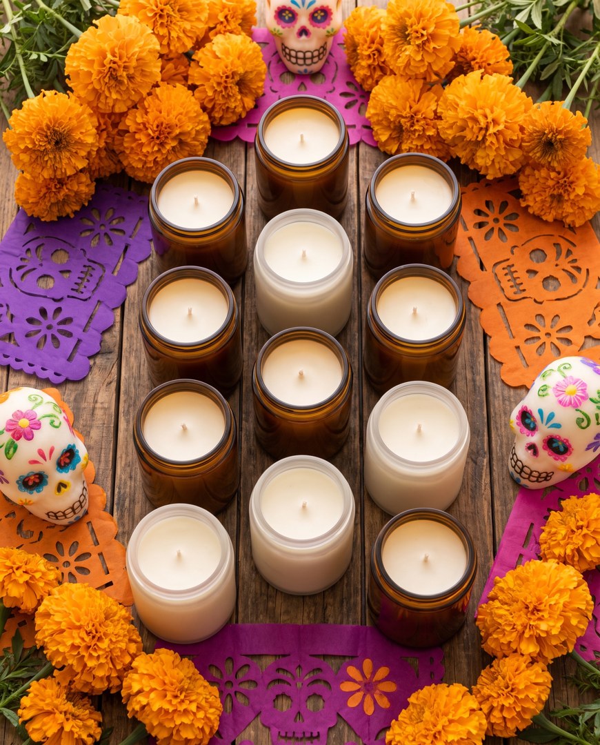 Varias velas de soya para ofrenda rodeadas de cempasúchil y calaveritas