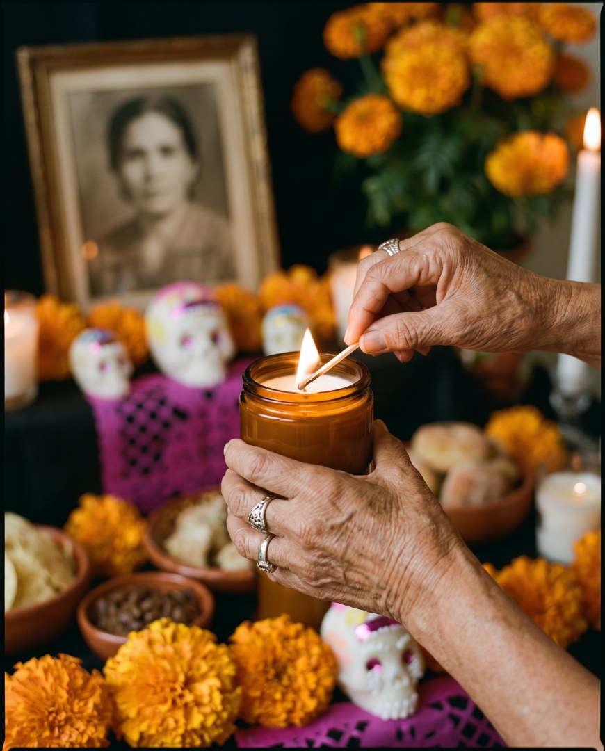 Manos colocando una vela conmemorativa en el altar de muertos