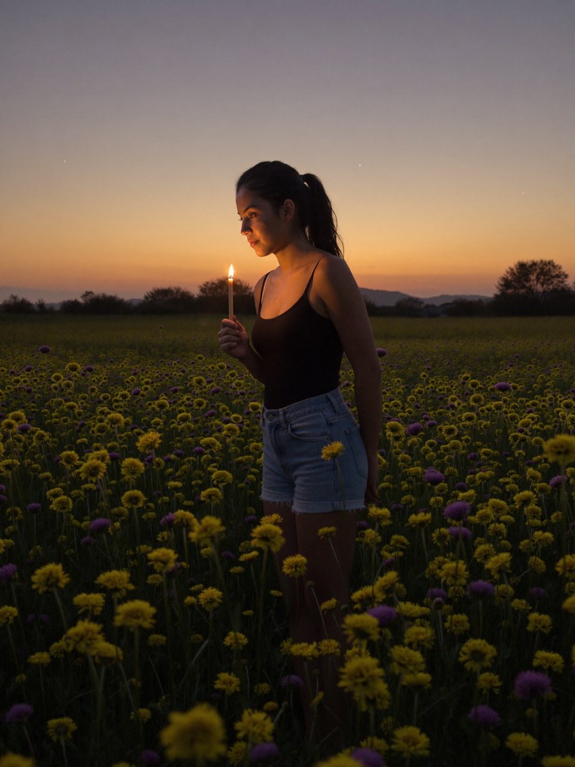 Mujer con una vela encendida en un campo de cempasúchil al atardecer