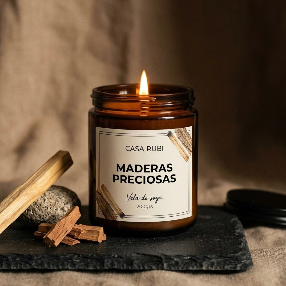 Vela de soya personalizada Casa Rubí en frasco ámbar